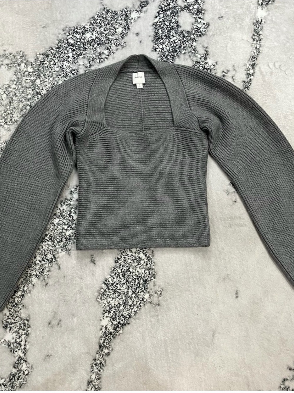 Maeve Anthropologie Rib Knit Sweater Top Gray Square Neck Balloon Sleeve Size S